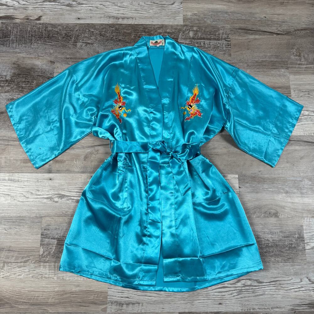 Vintage 80s Turquoise Satin Dragon Embroidered Kimono Robe Chinese L Maximalist